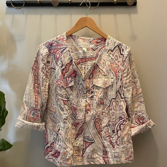 Chico’s Linen Paisley Jacket M | Boho Zip Shirt Shacket, Coral Pink, MSRP $200 - Picture 3 of 6